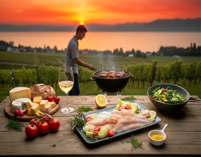 Roher Fisch mit Zitronen, Kräutern und Salat auf rustikalem Holztisch, Grillen
