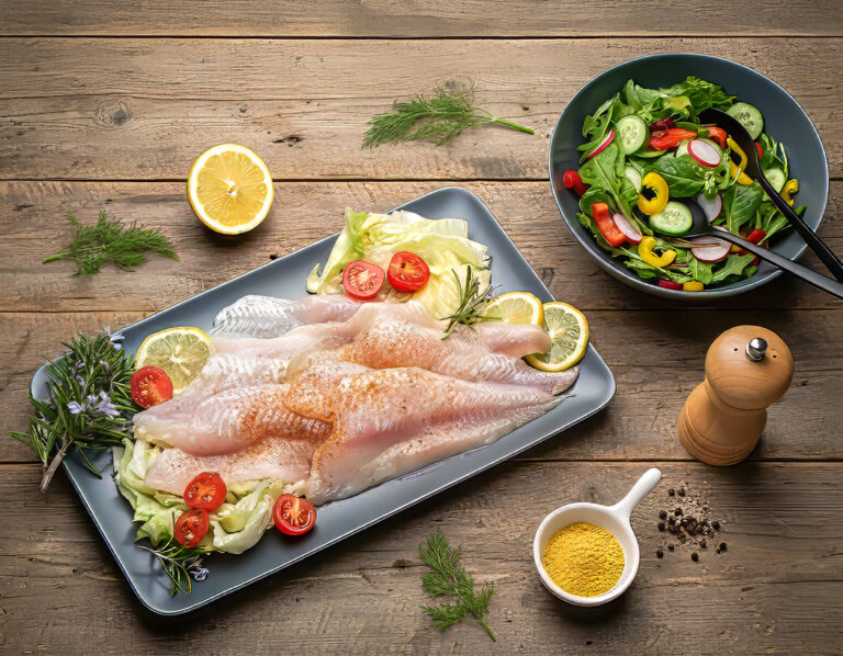 Roher Fisch mit Zitronen, Kräutern und Salat auf rustikalem Holztisch, Grillen, Fotograf Ingo Schmidt, Kreativstudio 78462 Konstanz