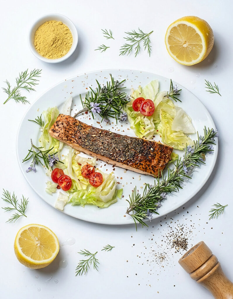 Geräucherter Fisch mit Zitronen, Kräutern und Salat auf rustikalem edlen Tisch
