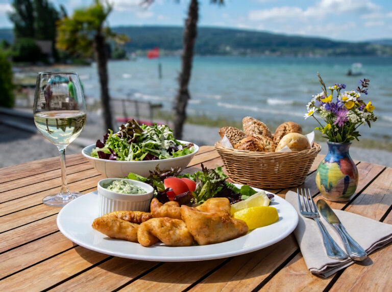 Insel Reichenau. Knuspriger Fisch gebacken mit Salat, Brot, Dip und Apfelschorle, serviert auf einem Terrassentisch mit Blick auf Bodensee, Palmen und Berge.