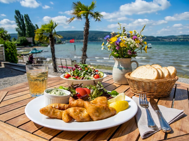 Insel Reichenau. Knuspriger Fisch gebacken mit Salat, Brot, Dip und Apfelschorle, serviert auf einem Terrassentisch mit Blick auf Bodensee, Palmen und Berge.